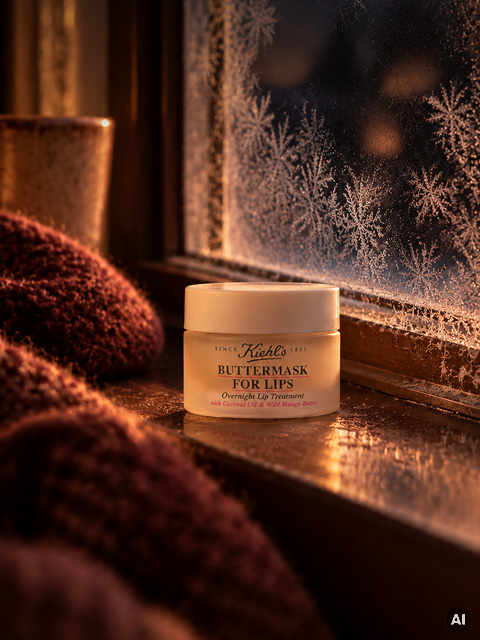 Un tarro de "Buttermask for Lips" de Kiehl's en el alféizar de una ventana cubierta de escarcha.