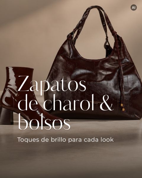 Unas botas de charol de color rojo oscuro y un bolso hobo a juego con las inscripciones en español "Zapatos de charol & bolsos" y "Toques de brillo para cada look".