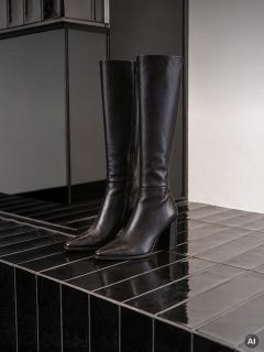 Un par de botas de cuero negras hasta la rodilla con tacón de bloque.