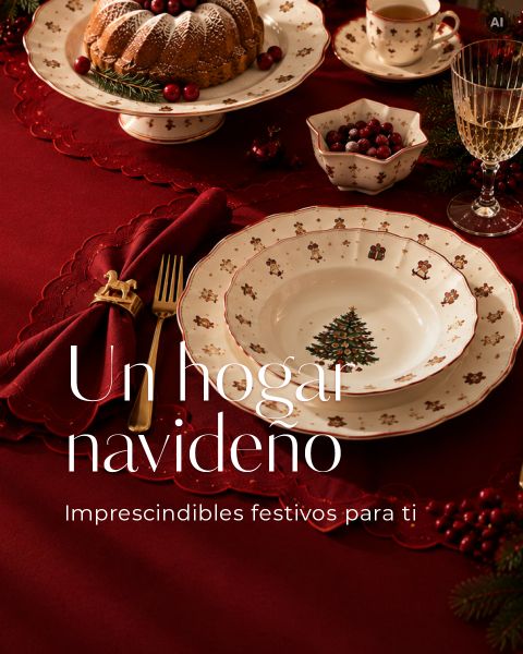 Una mesa puesta para la cena de Navidad con platos de cerámica con diseño navideño, un servilletero dorado con forma de caballo y un Gugelhupf, con la leyenda "Un hogar navideño".
