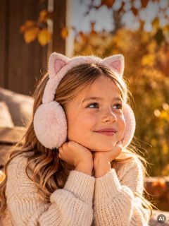 Una niña sonriendo, llevando orejeras rosas y peludas con orejas de gato.