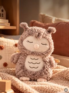 Un peluche esponjoso con forma de búho con los ojos cerrados, sentado sobre una manta texturizada.
