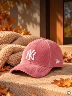Una gorra de béisbol rosa de los New York Yankees de pana, que yace en un escalón de piedra con hojas de otoño.