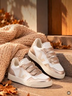 Dos zapatillas deportivas metálicas blancas y oro rosa con tres cierres de velcro, apoyadas en una escalera de piedra junto a una manta de punto y hojas de otoño.