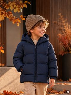 Un niño pequeño con un gorro marrón claro y una chaqueta de plumas azul marino con capucha sonríe al aire libre en otoño.