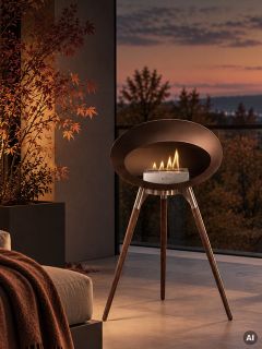 Una chimenea de bioetanol de la marca "Le Feu" sobre un trípode con llama encendida, colocada en un balcón al atardecer.