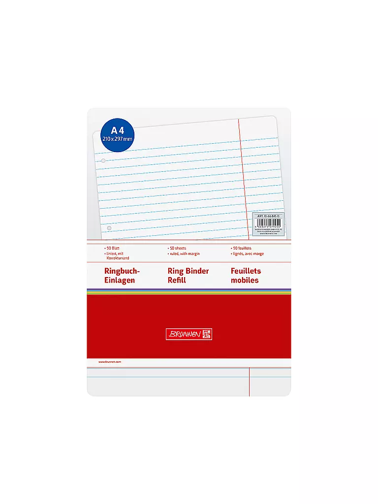 BRUNNEN VERLAG | Hojas de recambio para archivador - 50 hojas rayadas con margen de corrección | Sin color