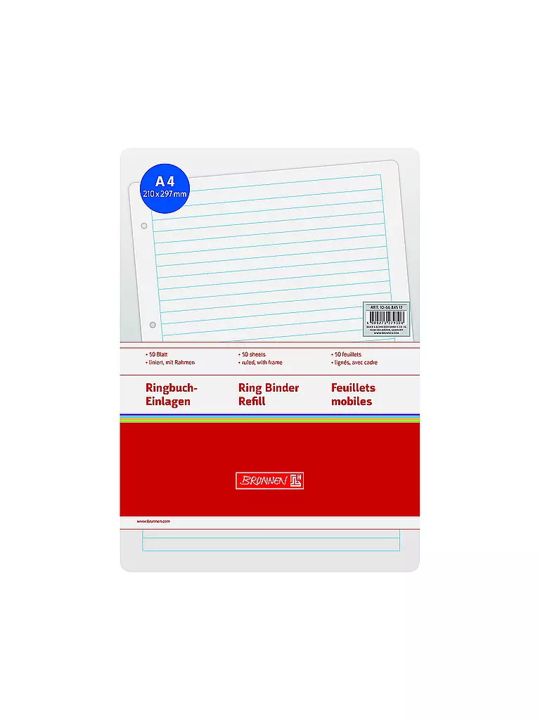 BRUNNEN VERLAG | Hojas de recambio para archivador de anillas, rayadas, 50 hojas con marco | Sin color
