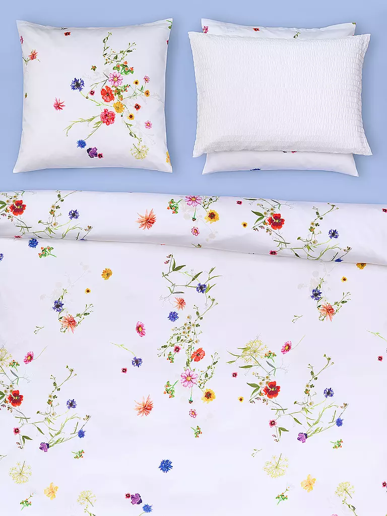 CHRISTIAN FISCHBACHER | Funda nórdica de satén FLEURS VOLANTES 140x200cm Flores silvestres | Blanco