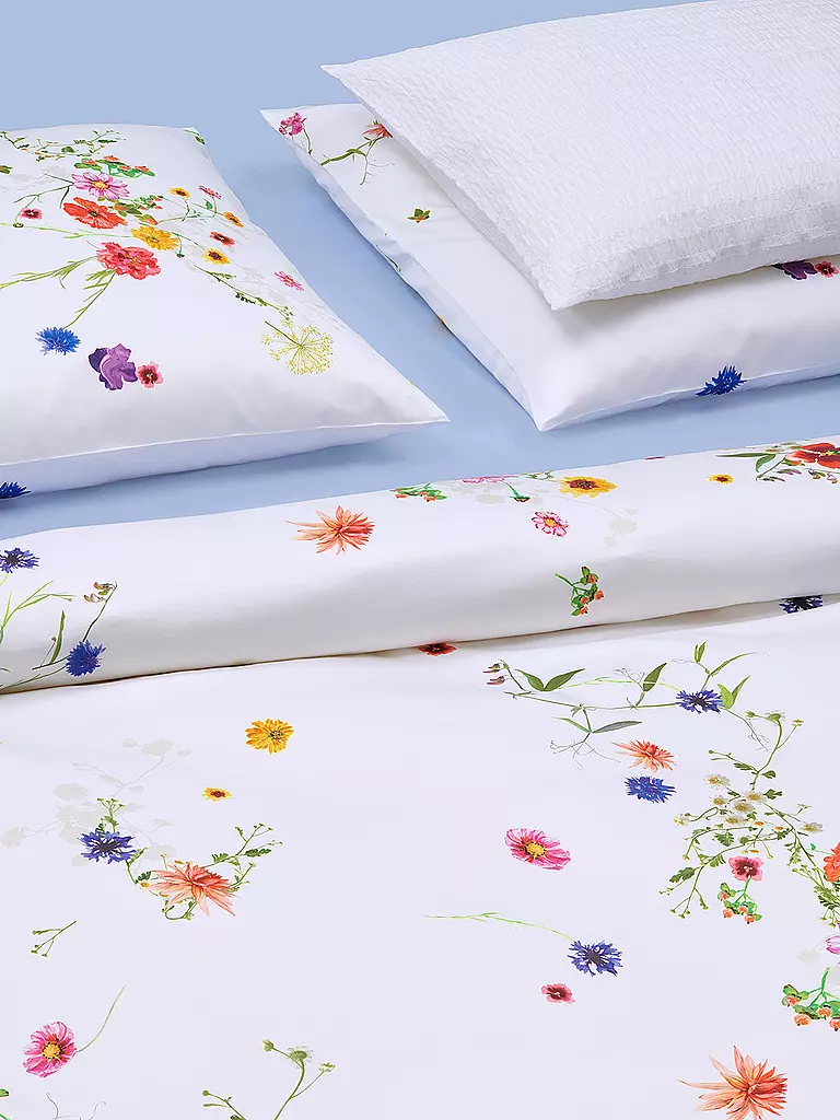 CHRISTIAN FISCHBACHER | Funda nórdica de satén FLEURS VOLANTES 140x200cm Flores silvestres | Blanco