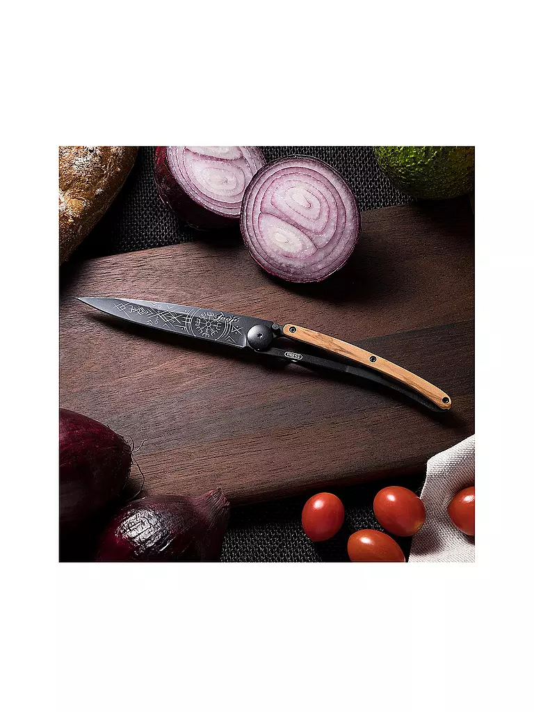 DEEJO | Navaja de bolsillo Olivenholz Schwarz WIKINGER VEGVISIR 37G | Negro