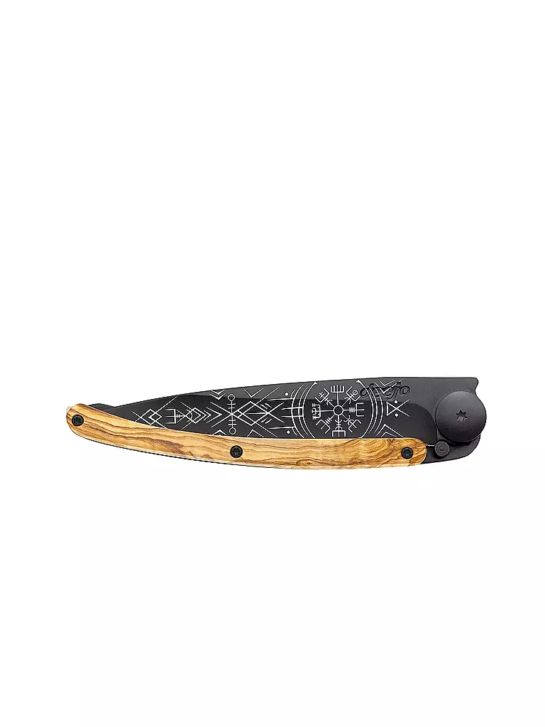 DEEJO | Navaja de bolsillo Olivenholz Schwarz WIKINGER VEGVISIR 37G | 
