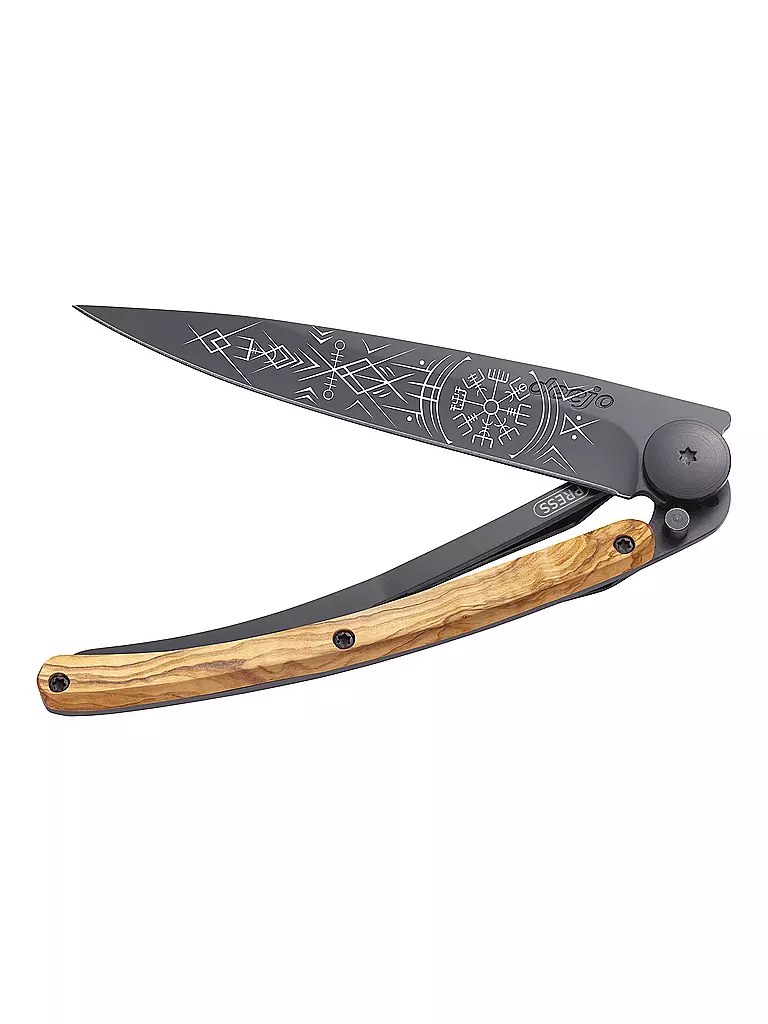 DEEJO | Navaja de bolsillo Olivenholz Schwarz WIKINGER VEGVISIR 37G | 