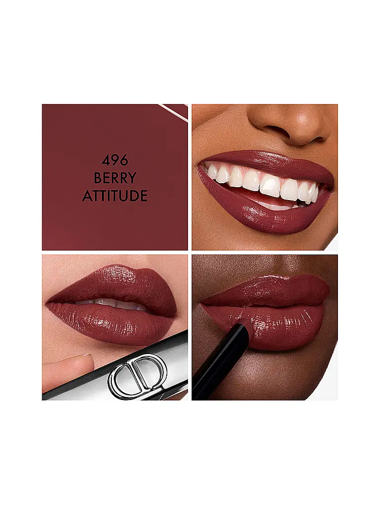 DIOR | Rouge Dior On Stage - Barra de labios de larga duración y no desecante con acabado brillante (496 Berry Attitude) | Rojo oscuro