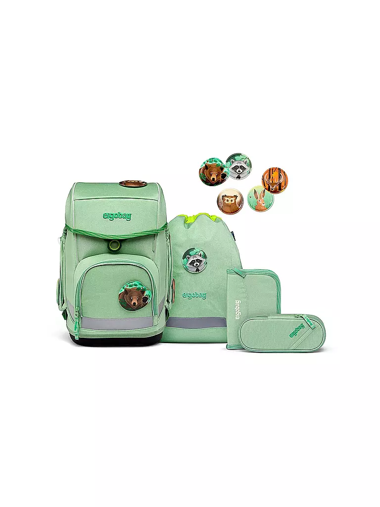 ERGOBAG | Set de mochila escolar de 5 piezas CUBO Eco Hero - WaldBärwohner | Verde claro