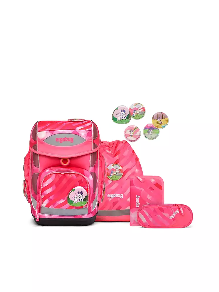 ERGOBAG | Set de mochila escolar de 5 piezas Cubo Kunterbuntes Einhorn | Fucsia