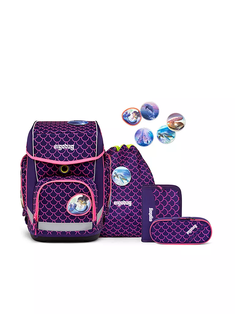 ERGOBAG | Set de mochila escolar de 5 piezas CUBO Lumi - Oso buceador de perlas | Lila