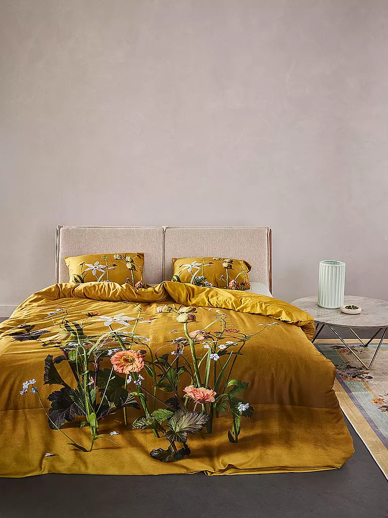 ESSENZA | Ropa de cama de satén FABRICE 70x90cm/140x200cm Flower Ocher | Amarillo