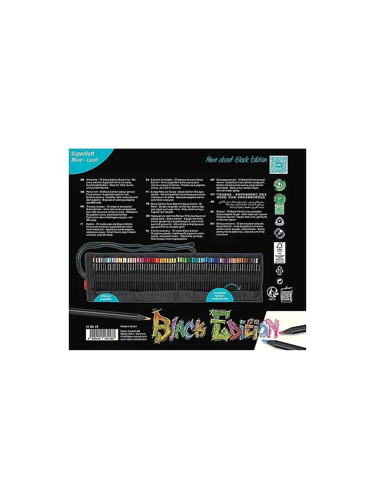FABER-CASTELL | Lápices de colores Black Edition, estuche enrollable con 72 colores | Negro