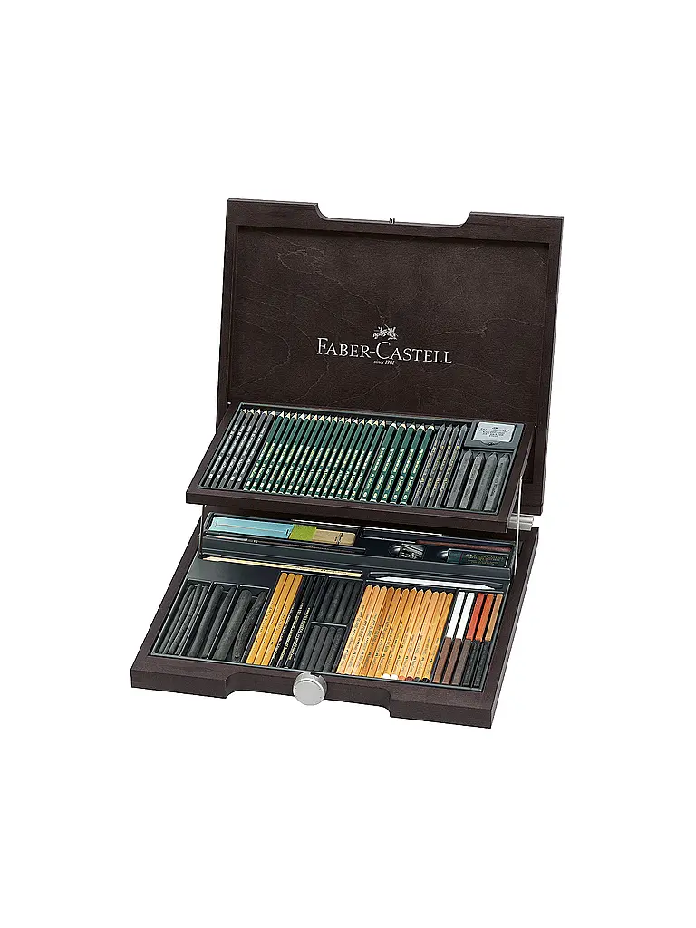 FABER-CASTELL | Pitt Monocromo Maletín de madera 86 piezas | Marrón