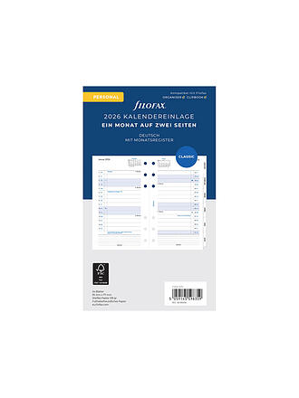 FILOFAX | Recambio de calendario mensual Alemán Personal 2026