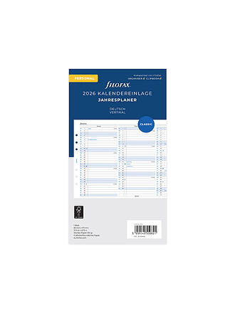 FILOFAX | Recambio de calendario Planificador anual Alemán Personal 2026