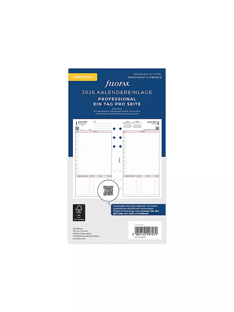 FILOFAX | Recambio de calendario día página Professional Alemán Personal 2026 | Blanco