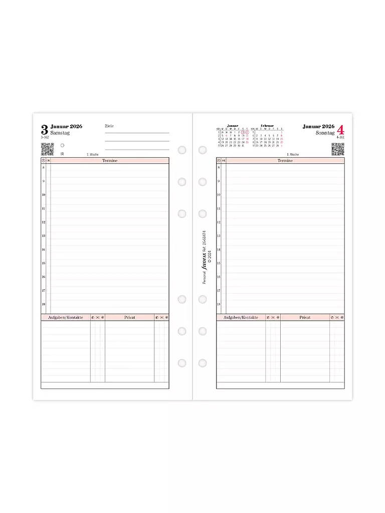 FILOFAX | Recambio de calendario día página Professional Alemán Personal 2026 | Blanco