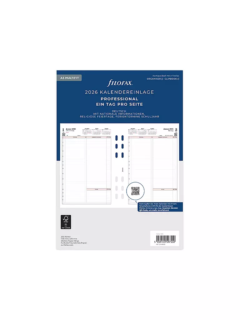 FILOFAX | Recambio de calendario Día Profesional alemán A5 2026 | Blanco