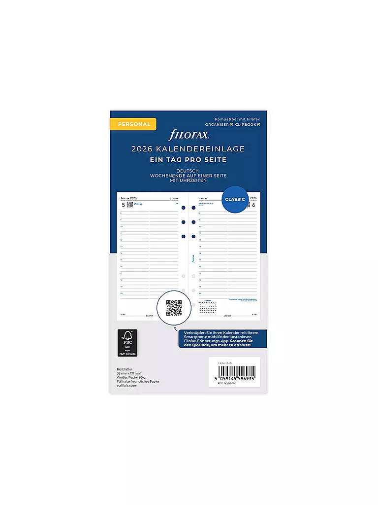 FILOFAX | Recambio de calendario diario en alemán Personal 2026 | Blanco