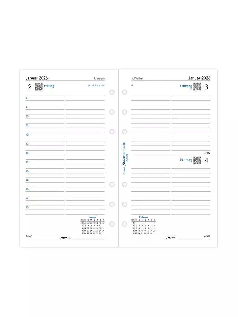 FILOFAX | Recambio de calendario diario en alemán Personal 2026 | Blanco