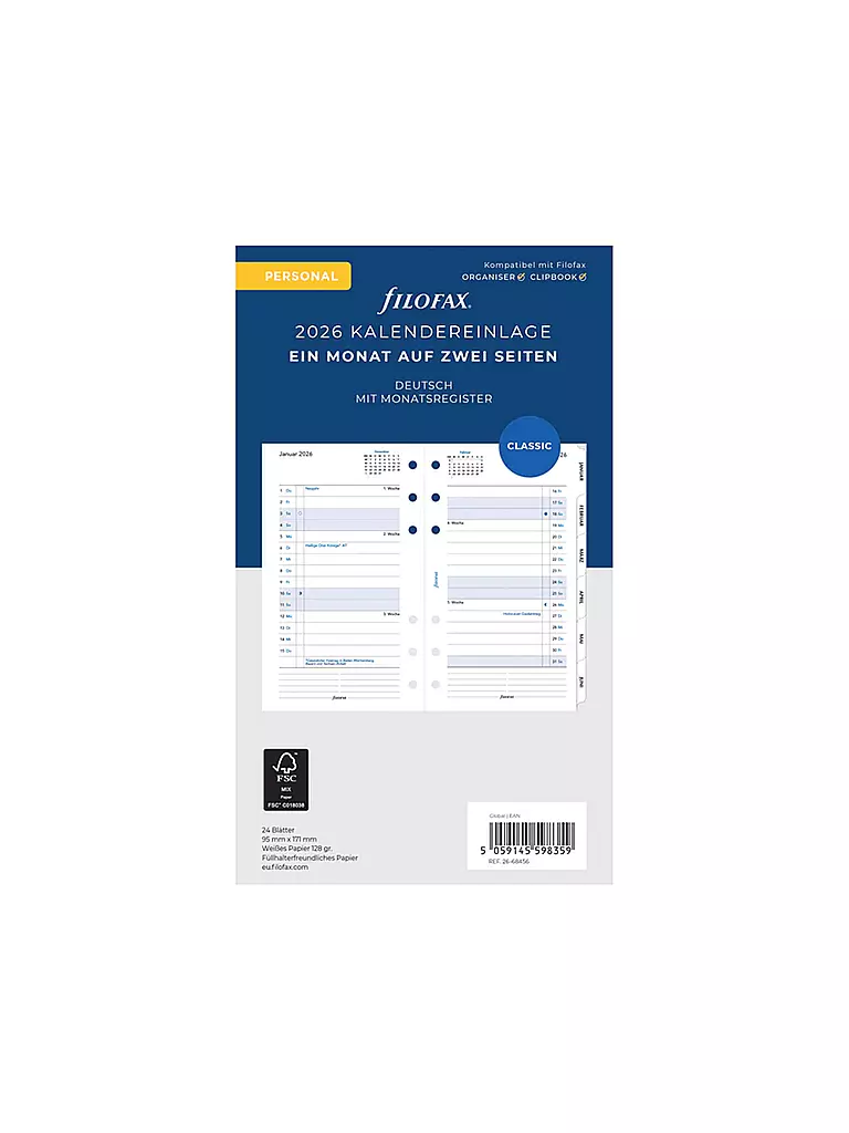 FILOFAX | Recambio de calendario mensual Alemán Personal 2026 | Blanco