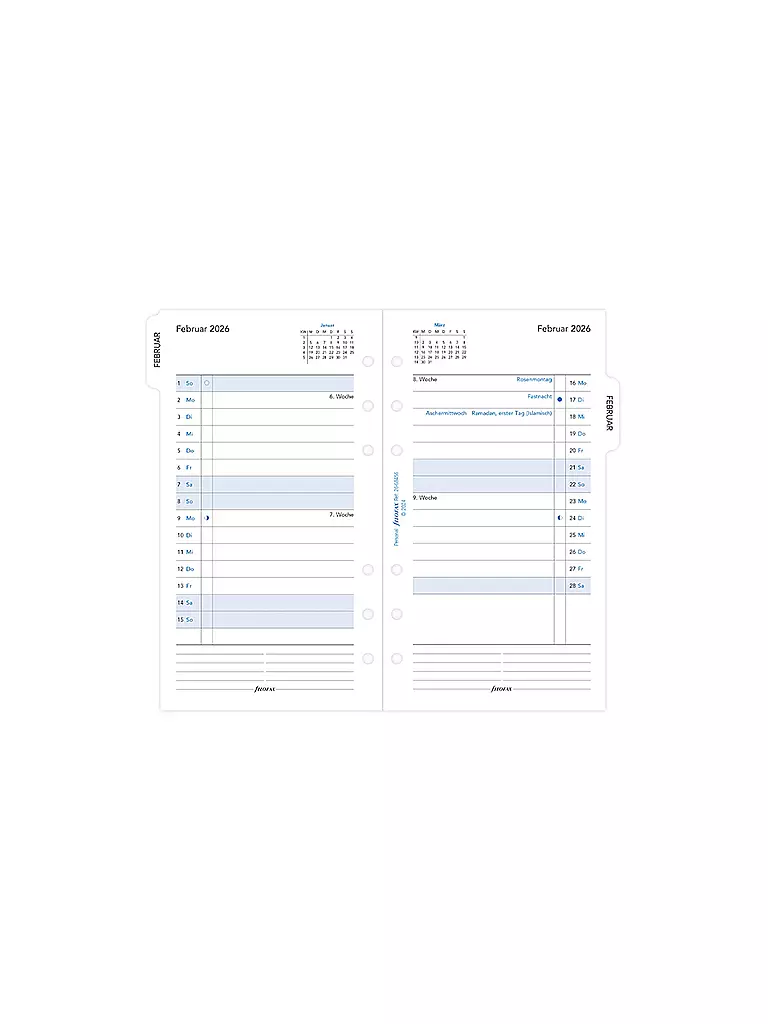 FILOFAX | Recambio de calendario mensual Alemán Personal 2026 | Blanco