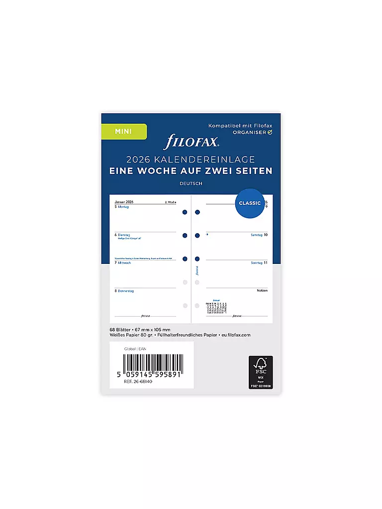 FILOFAX | Recambio de calendario Mini Semana Alemán 2026 | Blanco