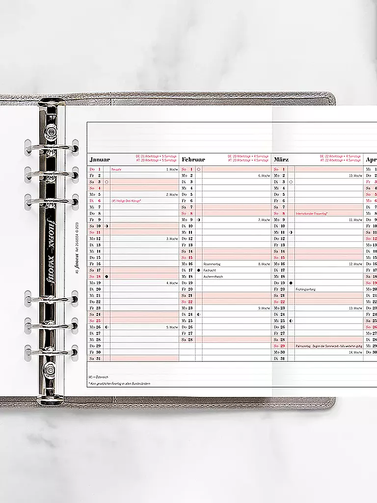 FILOFAX | Recambio de calendario Planificador anual alemán A5 2026 | Blanco