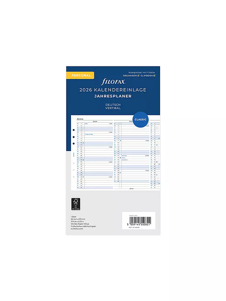 FILOFAX | Recambio de calendario Planificador anual Alemán Personal 2026 | Blanco