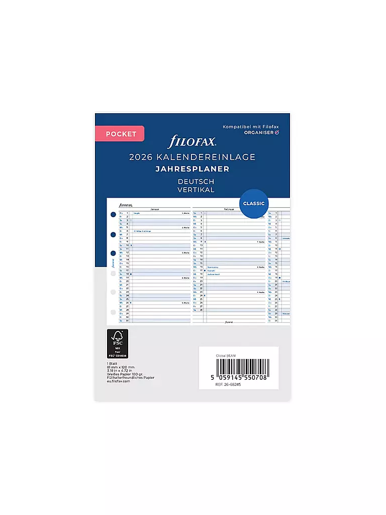 FILOFAX | Recambio de calendario Planificador anual Alemán Pocket 2026 | Blanco