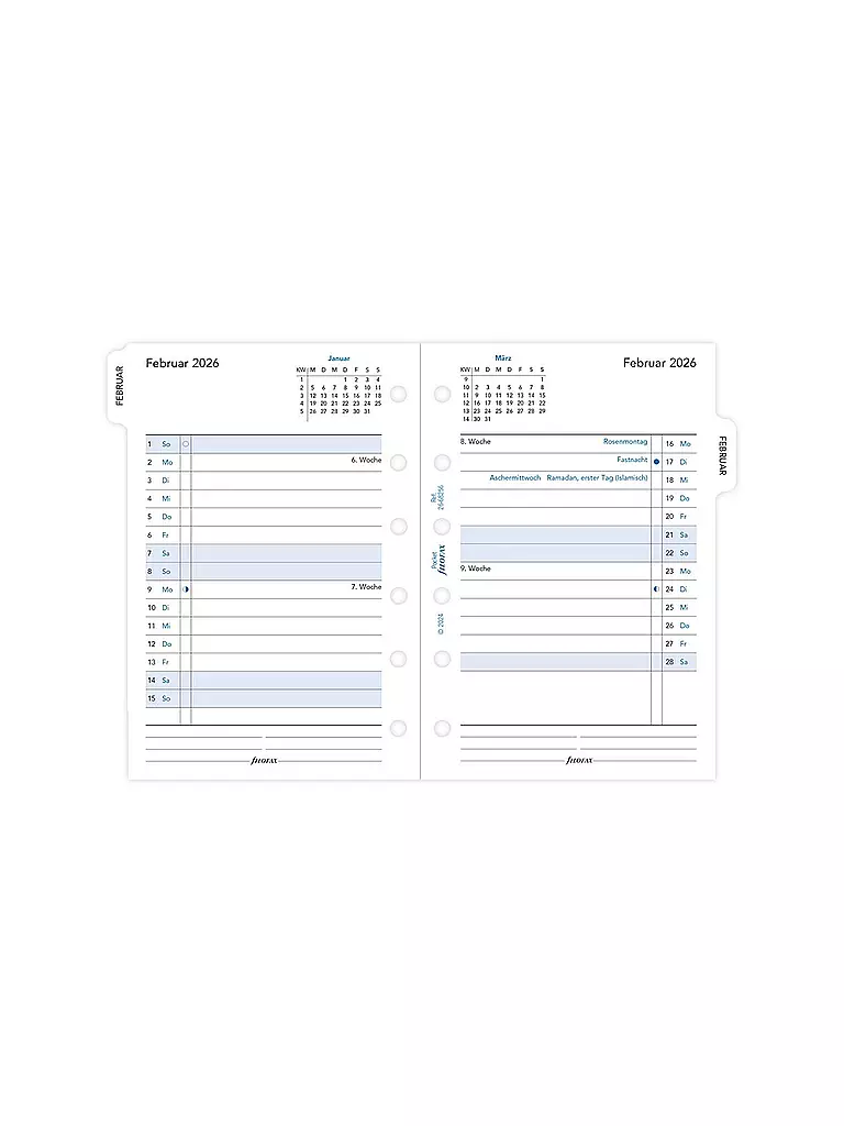 FILOFAX | Recambio de calendario Pocket 2026 Mes Alemán | Blanco