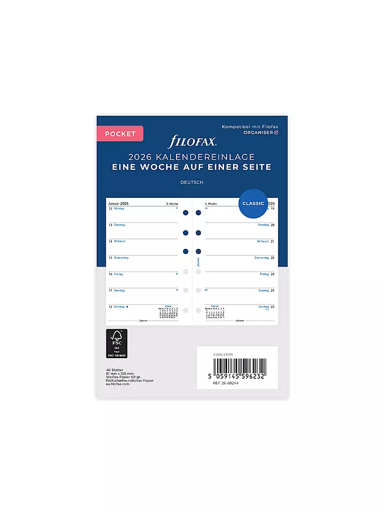 FILOFAX | Recambio de calendario Pocket Semana 2026 Alemán | Blanco