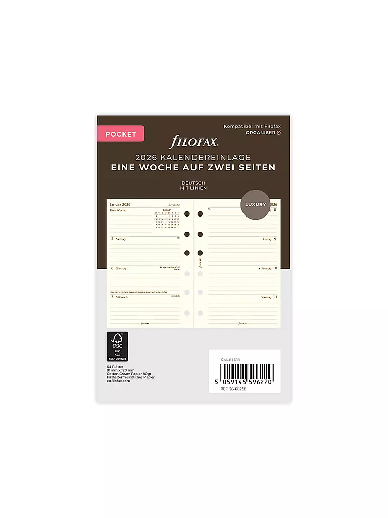 FILOFAX | Recambio de calendario Pocket Semana 2026 Alemán | Blanco
