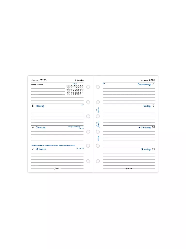 FILOFAX | Recambio de calendario Pocket Semana 2026 Alemán | Blanco