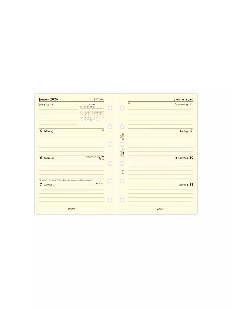 FILOFAX | Recambio de calendario Pocket Semana 2026 Alemán | Blanco