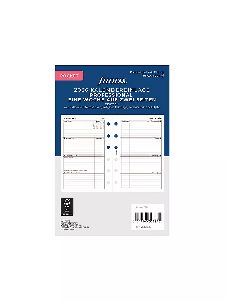 FILOFAX | Recambio de calendario Professional Pocket Semana Alemán 2026 | Blanco
