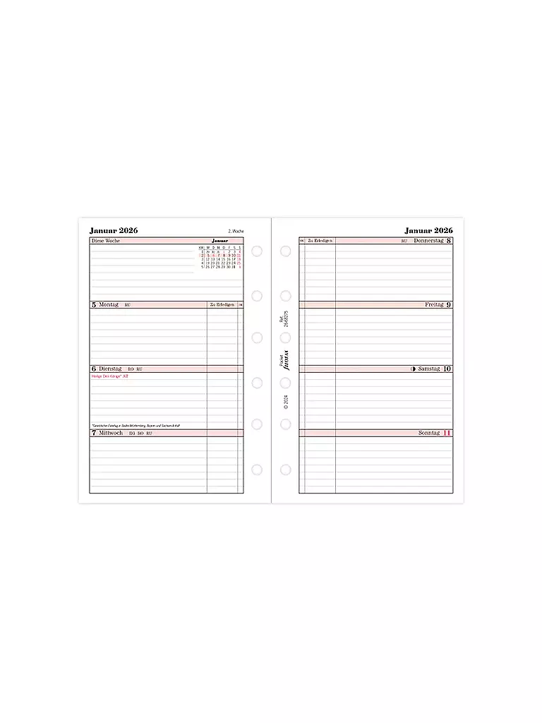 FILOFAX | Recambio de calendario Professional Pocket Semana Alemán 2026 | Blanco
