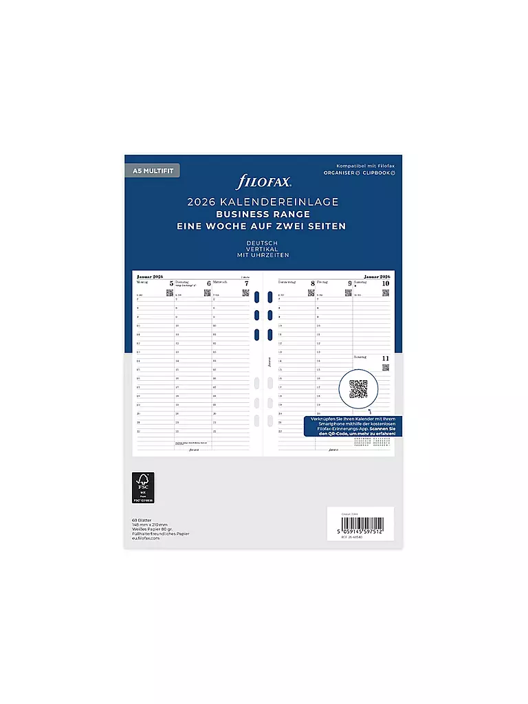 FILOFAX | Recambio de calendario semanal alemán A5 Multifit 2026 | Blanco