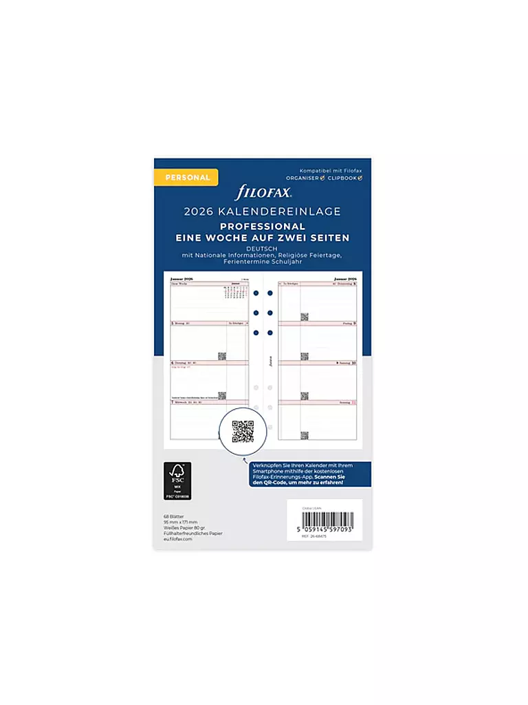 FILOFAX | Recambio de calendario semanal en alemán Personal 2026 | Blanco