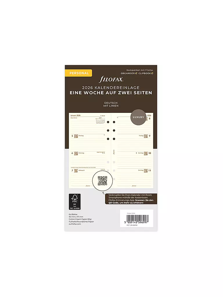 FILOFAX | Recambio de calendario semanal en alemán Personal 2026 | Blanco