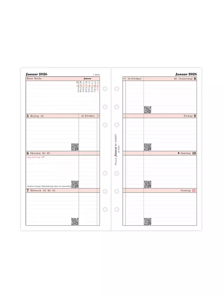 FILOFAX | Recambio de calendario semanal en alemán Personal 2026 | Blanco