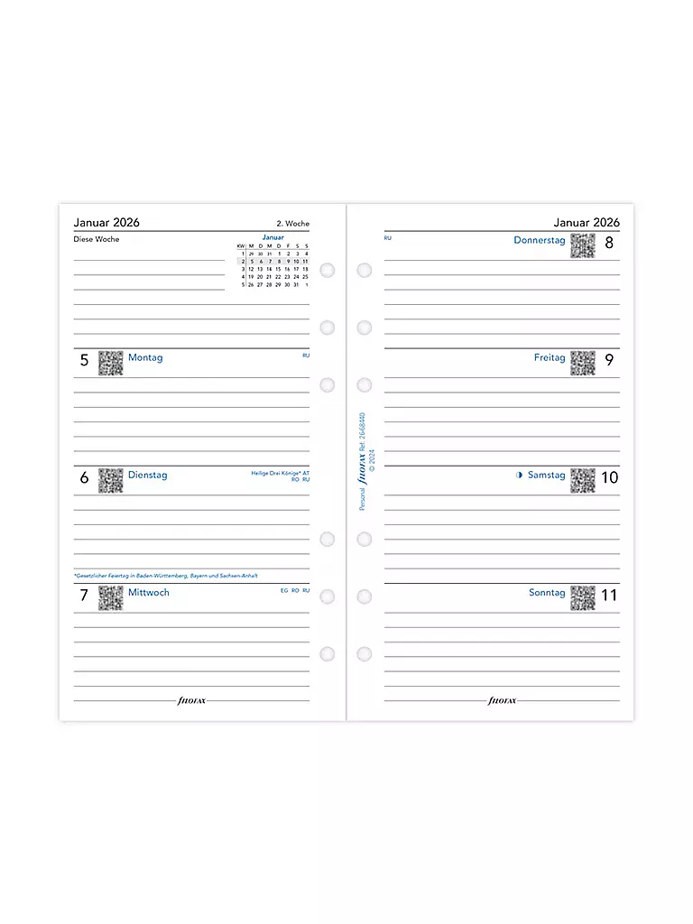 FILOFAX | Recambio de calendario semanal en alemán Personal 2026 | Blanco