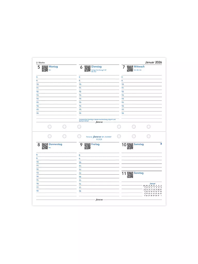 FILOFAX | Recambio de calendario semanal en alemán Personal 2026 | Blanco